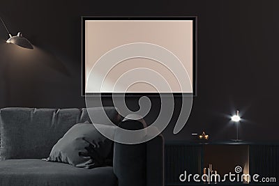 Transparent photo frame with blank poster on dark walls near black couch, 3d rendering. Living room modern interior. Stock Photo