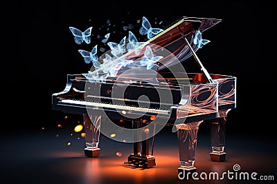 A transparent piano floats in the air, butterfly light Stock Photo