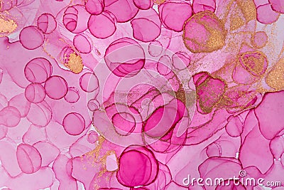 Transparent pink and gold watercolor drops texture. Bubbles imitation. Stock Photo