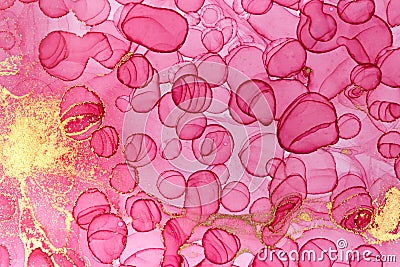Transparent pink and gold watercolor drops texture. Bubbles imitation. Stock Photo