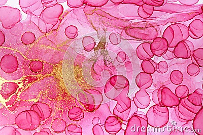 Transparent pink and gold watercolor drops texture. Bubbles imitation. Stock Photo