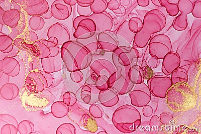 Transparent pink and gold watercolor drops texture. Bubbles imitation. Stock Photo