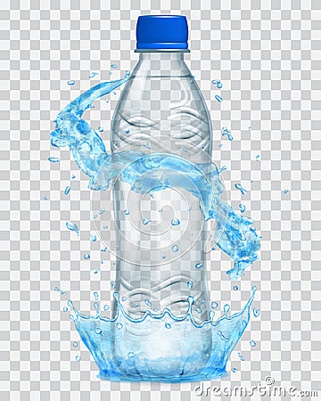 Transparent plastic bottle with water crown and splashes Vector Illustration