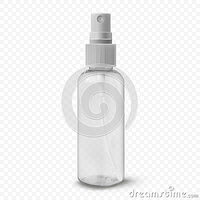 Transparent plastic cosmetic bottle with spray realistic vector illustration. Container for sanitizer, mist, thermal Vector Illustration