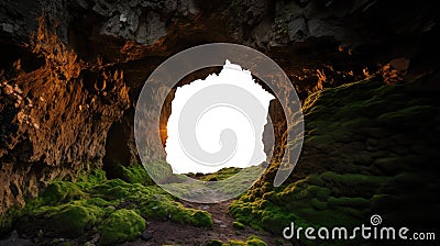 transparent PNG entrance of a cave. moss walls. Hollow cavity grotto tunnel. Stock Photo