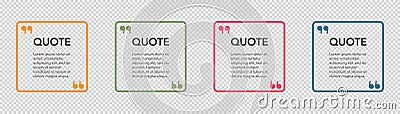 Transparent quote frames. Quotation box with commas sign. Isolated template of quot box. Orange and green quoting frame. Square Vector Illustration