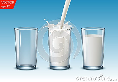 Transparent realistic transparent glasses, to pour milk splash, full and empty glass on a blue background. Vector Illustration