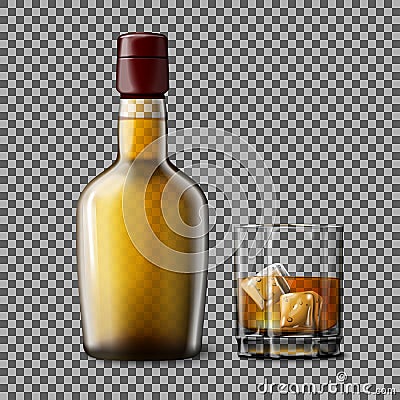 Transparent realistic Vector bottle and glass with smokey Scotch Whiskey, ice . Vector Illustration