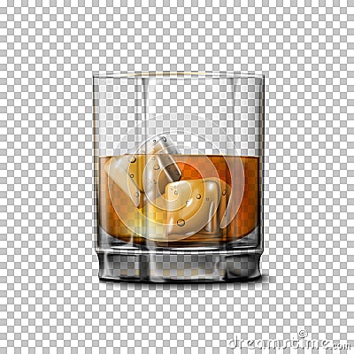 Transparent realistic Vector glass with smokey Scotch Whiskey and ice . Vector Illustration