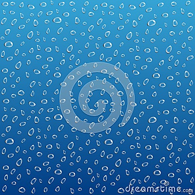 Transparent and realistic water droplets on a blue background. Vector Illustration