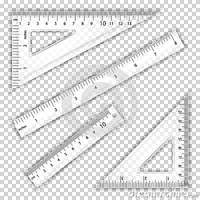 Transparent Ruler And Triangles Vector. Centimeter And Inch. Measure Tool Equipment Illustration. Several Instruments Vector Illustration