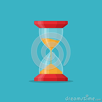 Transparent sandglass icon on blue background. Time hourglass in flat style. Sandclock. Vector Illustration