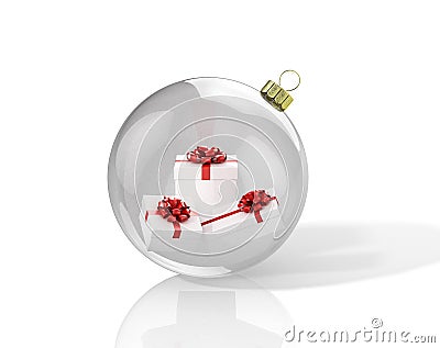 Transparent shiny christmas ball with presents inside. Stock Photo