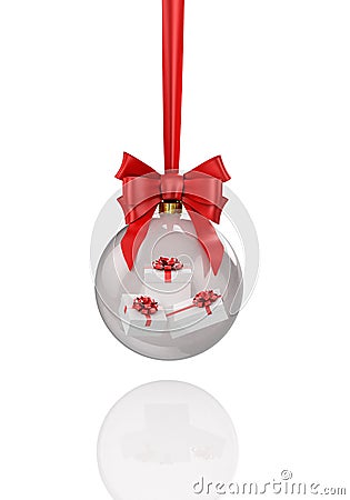Transparent shiny christmas ball with presents inside. 3D Illustration Stock Photo