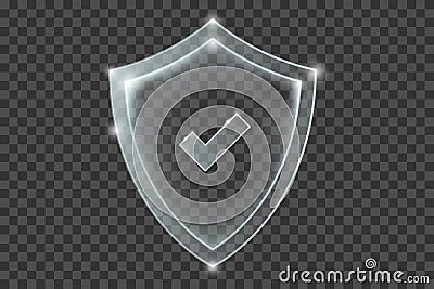 Transparent shiny shield with check mark symbol inside. Realistic protection sign. White security plate with reflections and light Cartoon Illustration