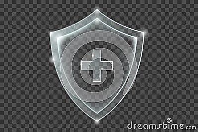 Transparent shiny shield with plus sign inside. Realistic protection sign. White security plate with reflections and light Vector Illustration