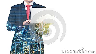 A transparent silhouette of a man in formal suit who is looking for some data in the laptop. Stock Photo