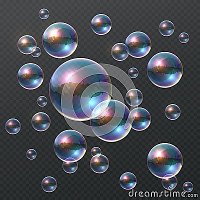 Transparent soap bubble. Realistic colorful 3D bubbles, rainbow clear shampoo ball with color reflection. Design template Stock Photo