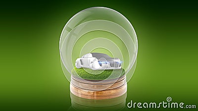 Transparent sphere ball with car on the grass inside. 3D rendering. Stock Photo