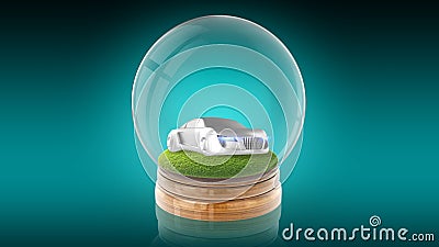 Transparent sphere ball with car on the grass inside. 3D rendering. Stock Photo