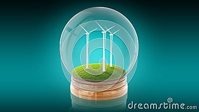 Transparent sphere ball with ecology-friendly windmills inside. 3D rendering. Stock Photo