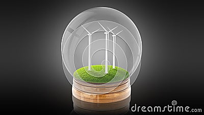 Transparent sphere ball with ecology-friendly windmills inside. 3D rendering. Stock Photo