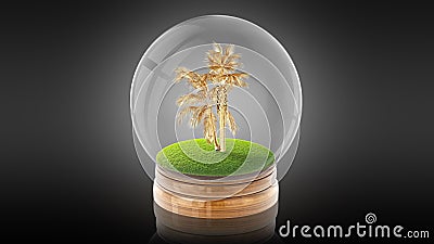 Transparent sphere ball with golden palm inside. 3D rendering. Stock Photo