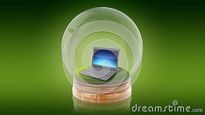 Transparent sphere ball with a laptop inside. 3D rendering. Stock Photo