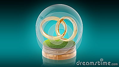 Transparent sphere ball with marrage rings inside. 3D rendering. 3D rendering. Stock Photo