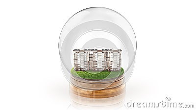 Transparent sphere ball with modern partment house inside. 3D rendering. Stock Photo