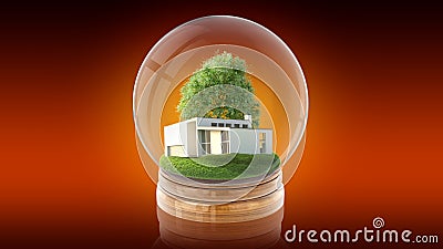 Transparent sphere ball with modern white house inside. 3D rendering. Stock Photo