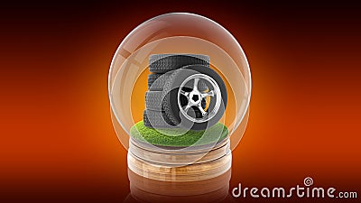 Transparent sphere ball with tires of car inside. 3D rendering. Stock Photo