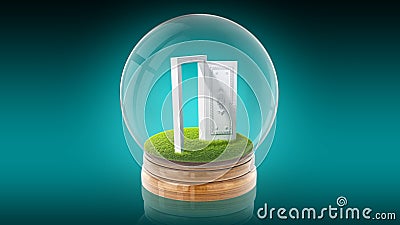 Transparent sphere ball with white open door inside. 3D rendering. Stock Photo