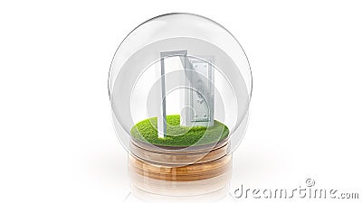 Transparent sphere ball with white open door inside. 3D rendering. Stock Photo