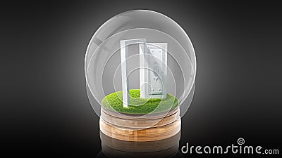 Transparent sphere ball with white open door inside. 3D rendering. Stock Photo