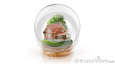 Transparent sphere ball with wooden house inside. 3D rendering. Stock Photo