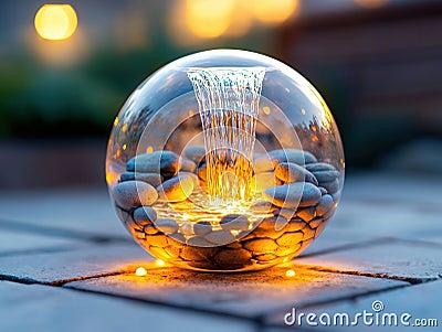 Transparent sphere with a glassmorphism effect holding a tiny enchanted waterfall cascading over glowing rocks into a tranquil Stock Photo