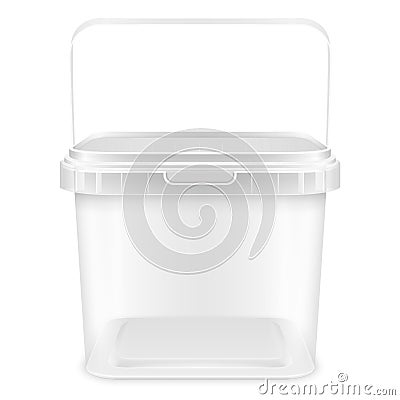 Transparent square empty plastic pail with handle. Front view mockup isolated on white background Cartoon Illustration