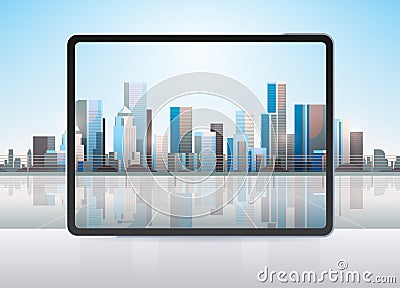 Transparent tablet computer screen cityscape background realistic gadgets and devices concept Vector Illustration