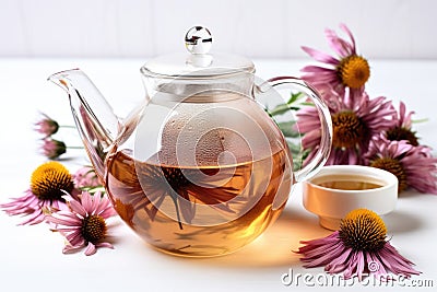 transparent teapot with echinacea tea on a white surface, with dried echinacea flowers Stock Photo