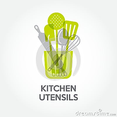 Transparent utensils in a big glass jar. Spatula, skimmer, spoons, rolling pin and whisk silhouettes Vector Illustration