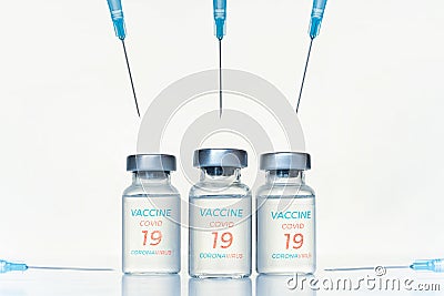 Transparent vials, syringes with new vaccine for covid-19 coronavirus, flu, infectious diseases. Injection after clinical trials Stock Photo