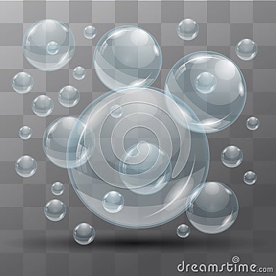 Transparent water bubbles on a black background. Isolated objects. Vector the background. Vector Illustration