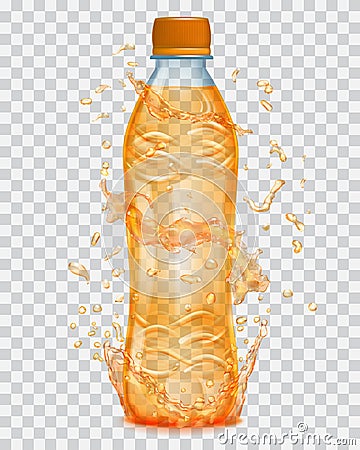 Transparent water splashes around a plastic bottle with juice Vector Illustration