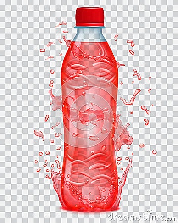 Transparent water splashes around a plastic bottle with juice Vector Illustration