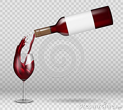 Transparent wine bottle and wineglass mockup with reflection. red wine liquid pouring down with splash in glass isolated Vector Illustration