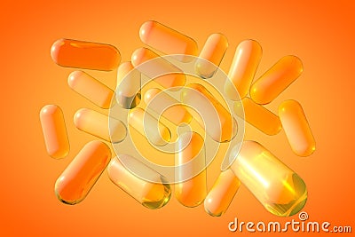 Transparent yellow fish oil capsules. Vitamin and mineral complex. 3d illustration Cartoon Illustration