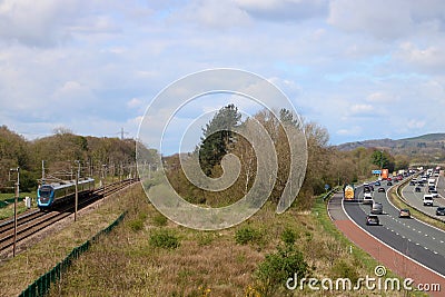 Rail and motorway transport corridor. Lancashire Editorial Stock Photo