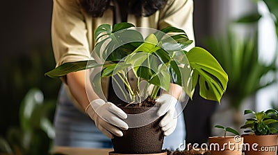 Transplant and care Monstera houseplant. Female hands in gloves close-up. Home gardening, greenery at home, love for Stock Photo