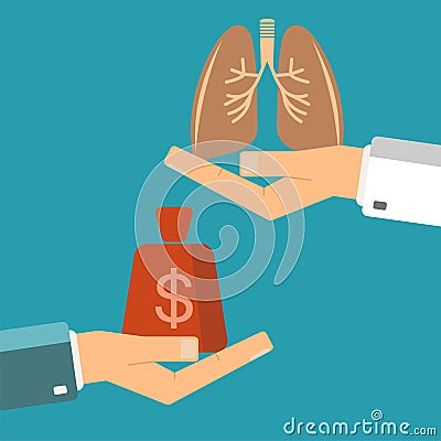 Transplant lungs. Patient hand hold money, doctor hold human lungs. Healthcare lungs. Stock Photo